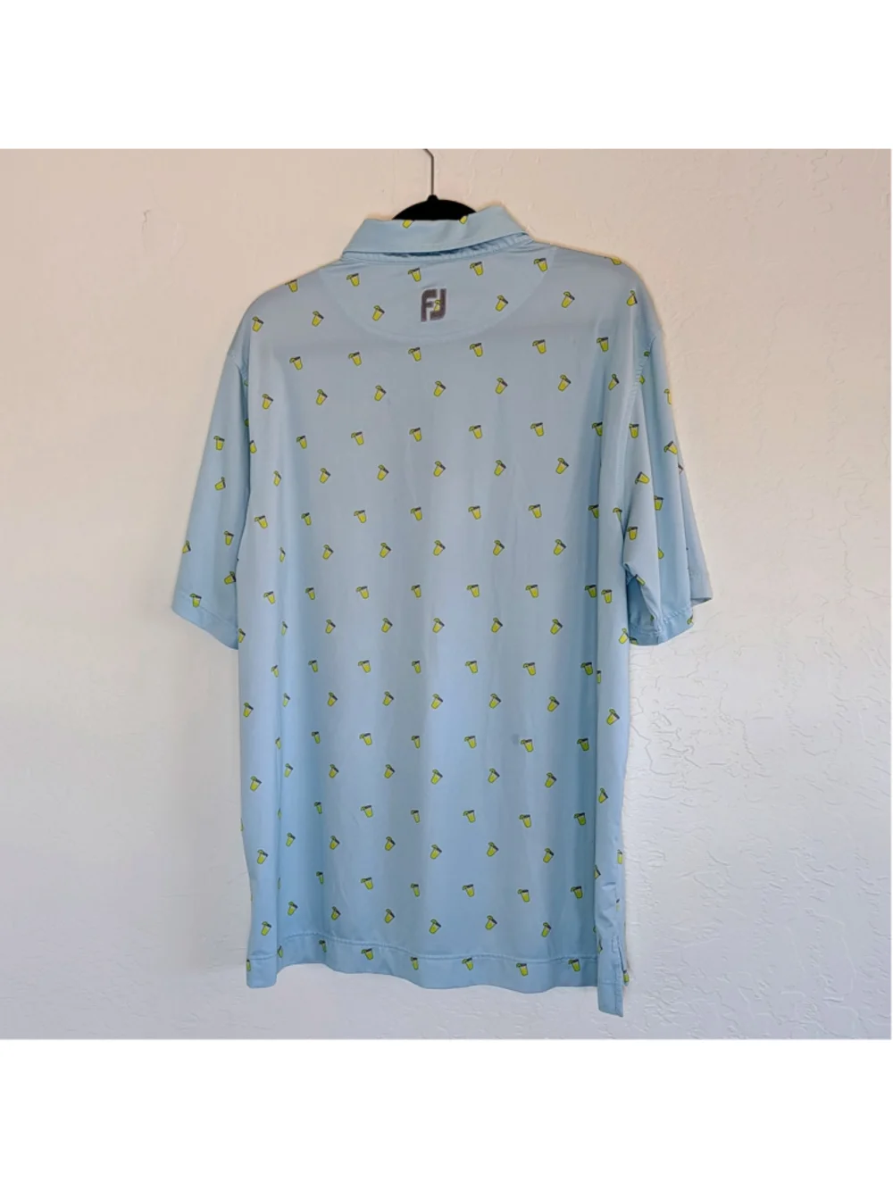FootJoy Golf Polo Shirt L Blue Cocktail Drink Print Performance Stretch